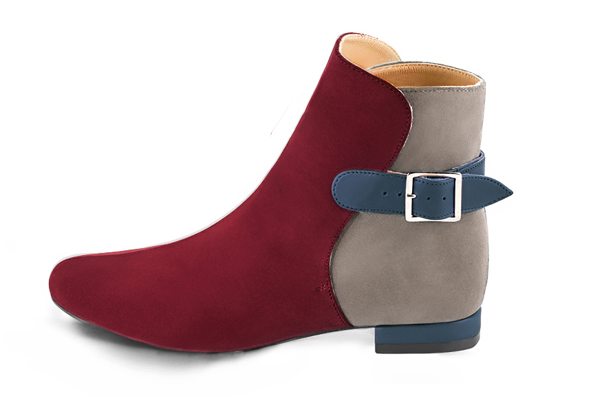 Women's burgundy red, bronze beige and denim blue elegant ankle boots, with buckles at the back. Round toe. Flat block heels - Profile view
